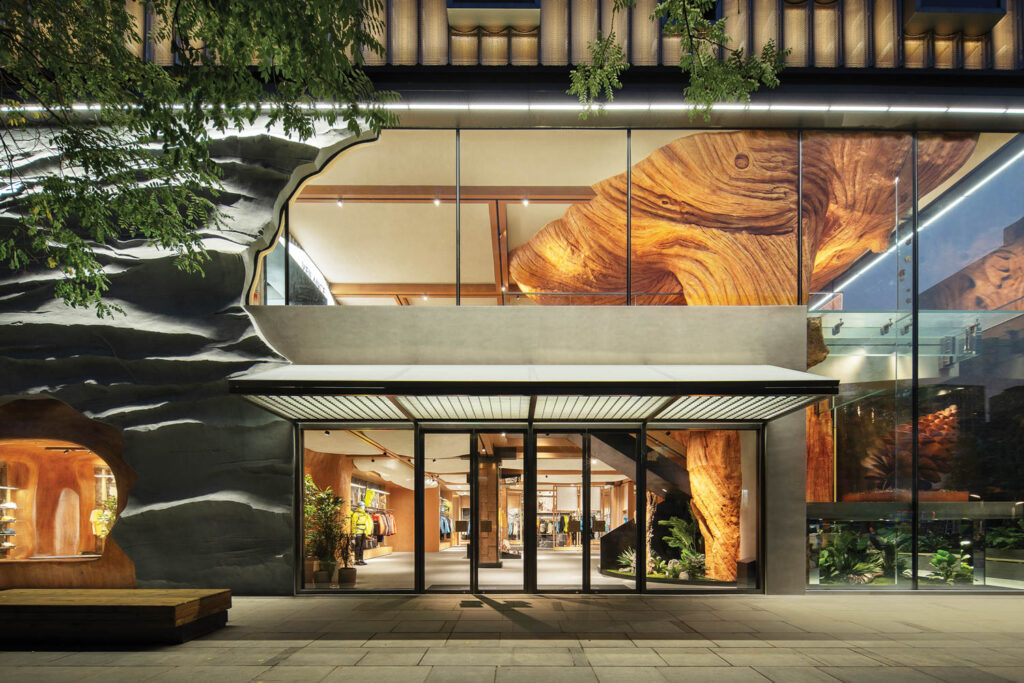 the entrance to Arc'teryx sheltered beneath a cantilevered canopy
